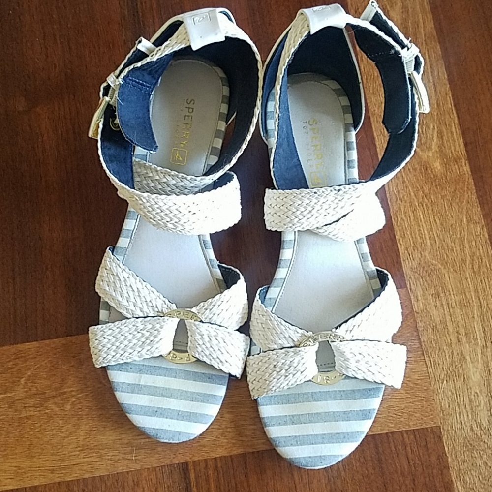 Sperry White wedge sandals nautical ankle strap